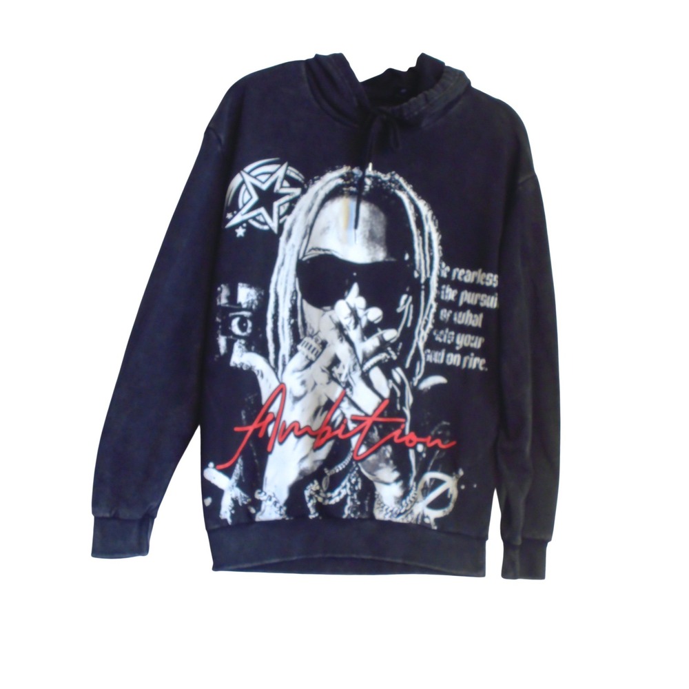 Romwe Ambition Graphic Hoodie Mens Small Black Mineral Wash Streetwear size S
